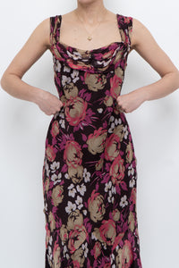 Vintage x Dark Brown Floral Pure Silk Dress (M)