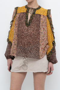 ULLA JOHNSON x Silk Patterned Frilly Blouse (XS, S)