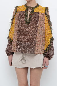 ULLA JOHNSON x Silk Patterned Frilly Blouse (XS, S)
