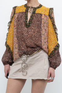 ULLA JOHNSON x Silk Patterned Frilly Blouse (XS, S)