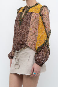 ULLA JOHNSON x Silk Patterned Frilly Blouse (XS, S)