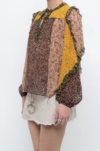 ULLA JOHNSON x Silk Patterned Frilly Blouse (XS, S)