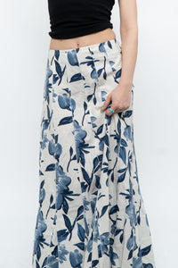 Vintage x Cream, Blue Floral Linen Maxi Skirt (M)