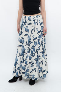 Vintage x Cream, Blue Floral Linen Maxi Skirt (M)