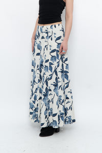 Vintage x Cream, Blue Floral Linen Maxi Skirt (M)
