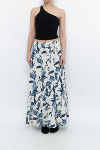 Vintage x Cream, Blue Floral Linen Maxi Skirt (M)