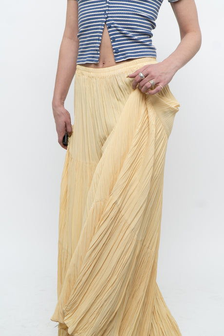 Vintage x Made in USA x Butter Yellow Ribbed Maxi Skirt (L, XL)
