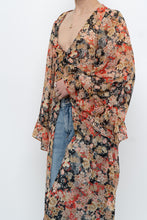 Load image into Gallery viewer, F21 x Black Floral Flowy Long Sheer Top (S, M)