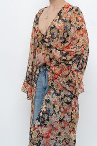 F21 x Black Floral Flowy Long Sheer Top (S, M)