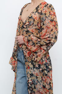 F21 x Black Floral Flowy Long Sheer Top (S, M)