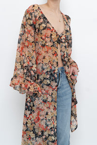 F21 x Black Floral Flowy Long Sheer Top (S, M)