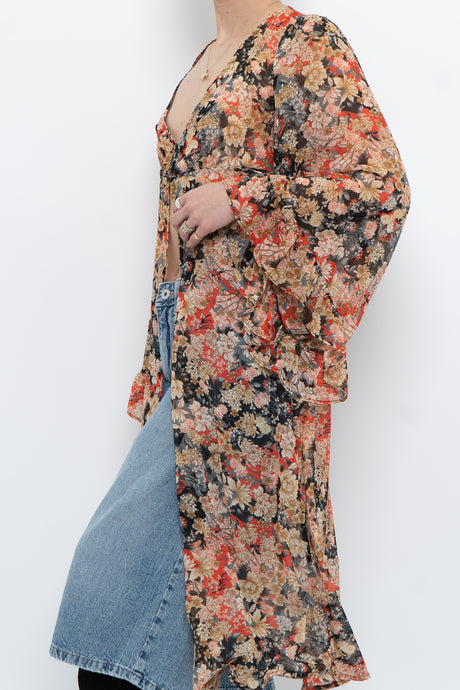 F21 x Black Floral Flowy Long Sheer Top (S, M)
