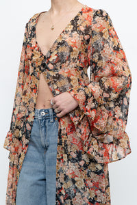 F21 x Black Floral Flowy Long Sheer Top (S, M)