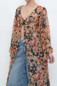 F21 x Black Floral Flowy Long Sheer Top (S, M)