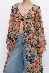 F21 x Black Floral Flowy Long Sheer Top (S, M)