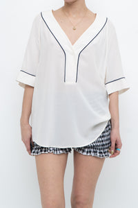 EQUIPMENT x Deadstock Cream, Navy Silk Top (S-L)
