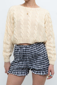 Vintage x Handmade Pale Yellow Cableknit Cropped Sweater (XS, S)