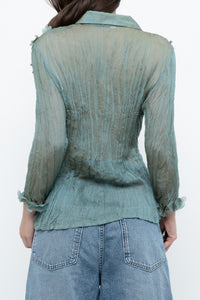 Vintage x Sheer Teal Irridescent 3D Flower Blouse (XS-L)