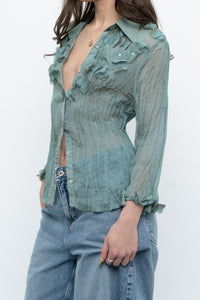 Vintage x Sheer Teal Irridescent 3D Flower Blouse (XS-L)