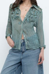 Vintage x Sheer Teal Irridescent 3D Flower Blouse (XS-L)