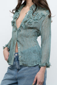 Vintage x Sheer Teal Irridescent 3D Flower Blouse (XS-L)