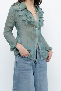 Vintage x Sheer Teal Irridescent 3D Flower Blouse (XS-L)