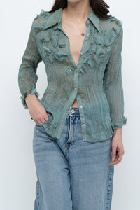 Vintage x Sheer Teal Irridescent 3D Flower Blouse (XS-L)
