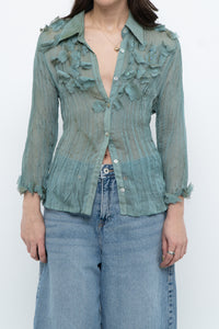 Vintage x Sheer Teal Irridescent 3D Flower Blouse (XS-L)
