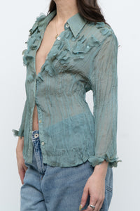 Vintage x Sheer Teal Irridescent 3D Flower Blouse (XS-L)