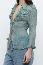 Load image into Gallery viewer, Vintage x Sheer Teal Irridescent 3D Flower Blouse (XS-L)