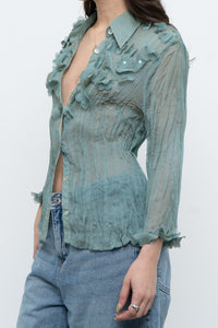 Vintage x Sheer Teal Irridescent 3D Flower Blouse (XS-L)