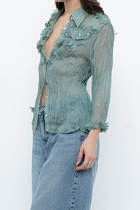 Vintage x Sheer Teal Irridescent 3D Flower Blouse (XS-L)