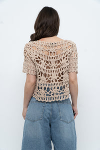 Vintage x Beige Knit Crochet Cardigan (XS-M)