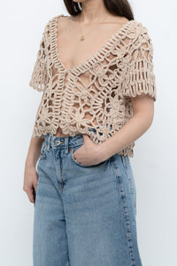 Vintage x Beige Knit Crochet Cardigan (XS-M)