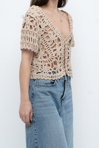Vintage x Beige Knit Crochet Cardigan (XS-M)