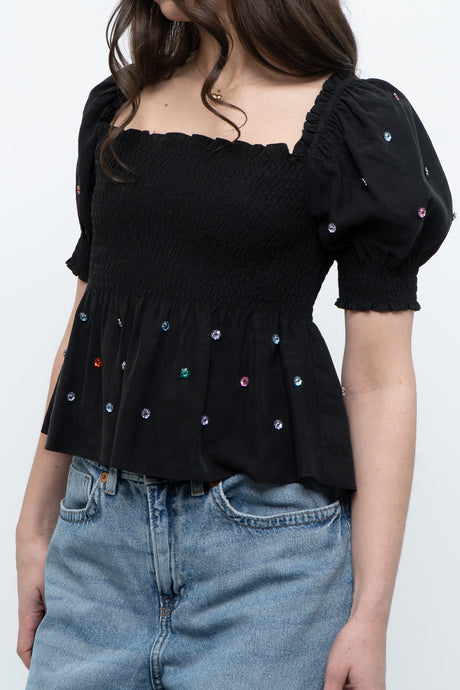 HILL HOUSE x Black Soft Rhinestone Babydoll Top (XS, S)