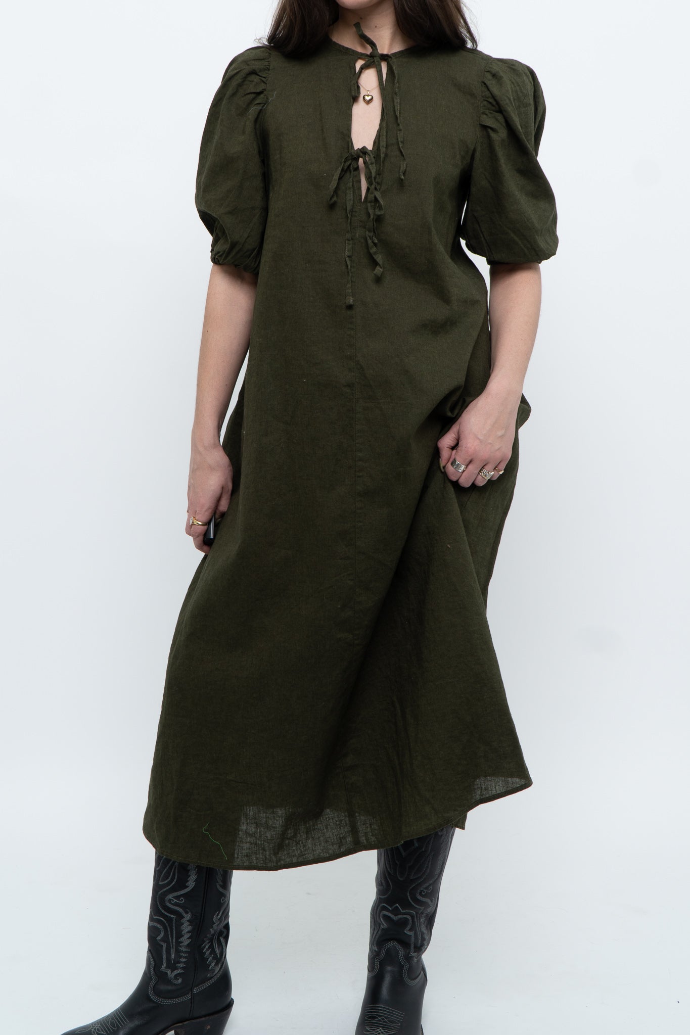 H&M x Dark Green Linen Dress (XS, S)