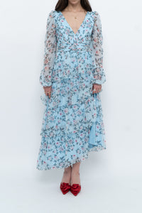 IEENA by MAC DUGGAL x Blue Floral Frilly Silk-feel Dress (M)