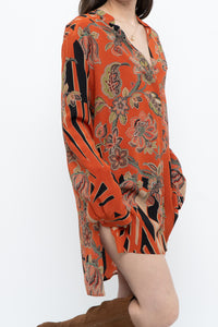 ETRO ITALY x Orange Pure Silk Patterned Buttonup Blouse/Dress (XS-M)