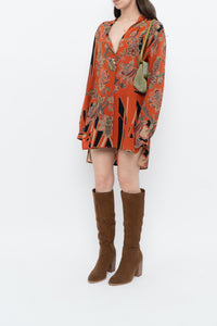 ETRO ITALY x Orange Pure Silk Patterned Buttonup Blouse/Dress (XS-M)