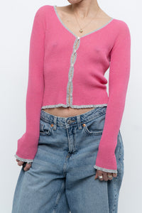 Vintage x Made in Hong Kong x Pink, Silver Metallic Fitted Cardigan (XS, S)