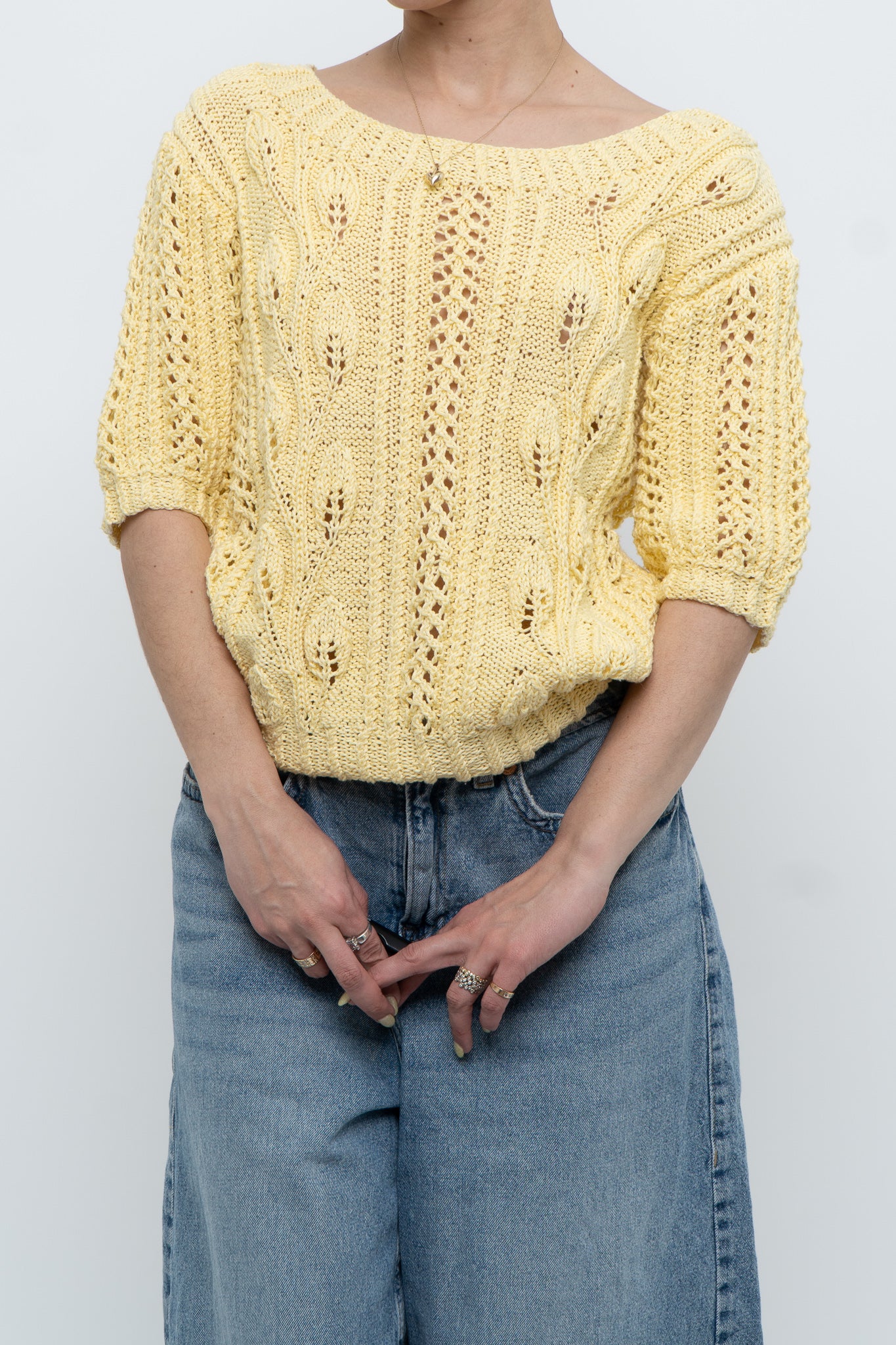 Vintage x Yellow Handknit Cotton Short Sleeve Sweater