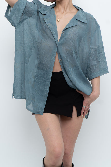 Vintage x Made in Canada x Teal Semi-Sheer Patterned Blouse (XS-XXL)