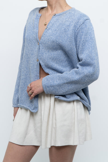 Vintage x LL BEAN Heathered Baby Blue Cotton Knit Cardigan (XS-M)