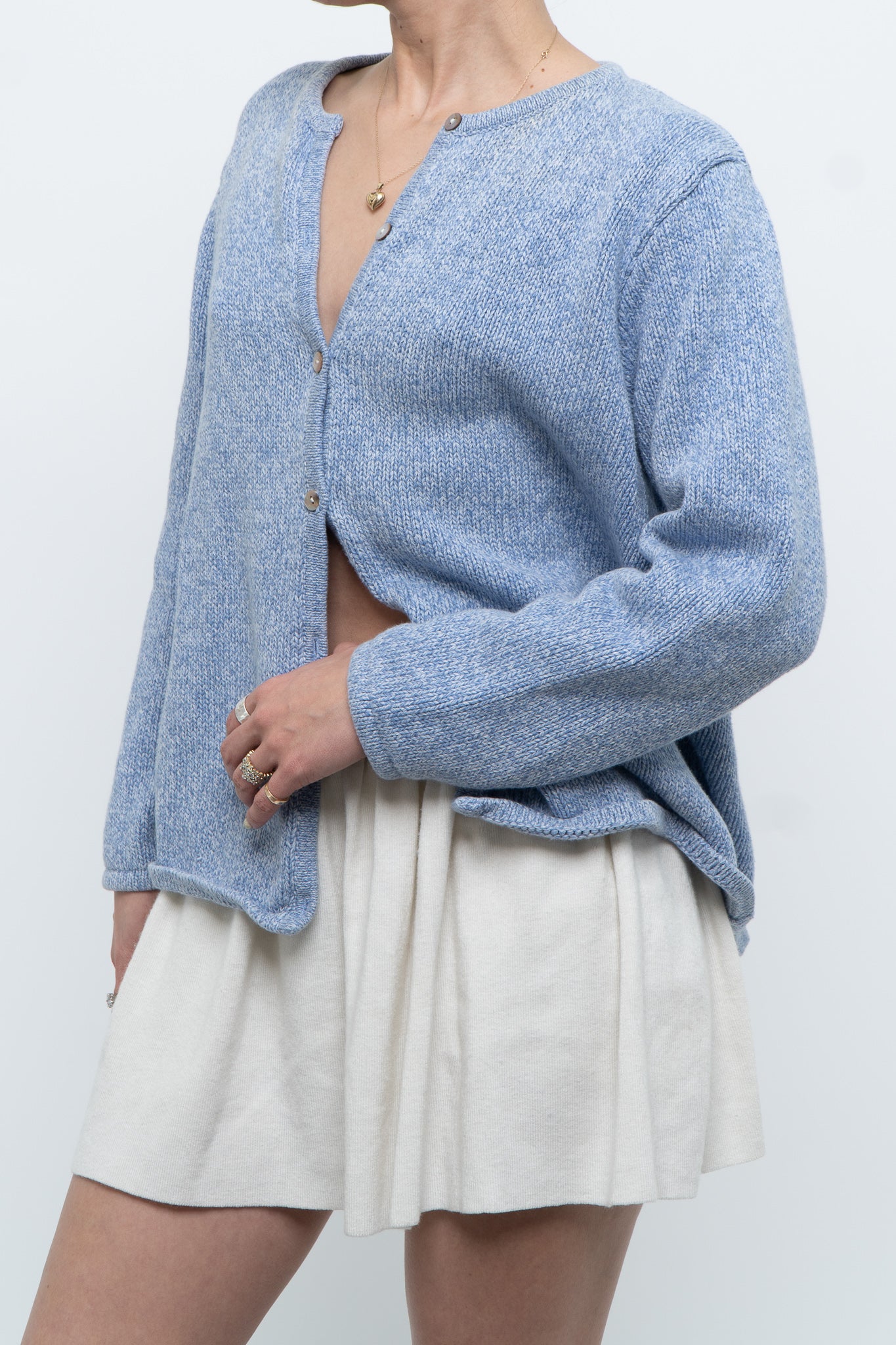Vintage x LL BEAN Heathered Baby Blue Cotton Knit Cardigan (XS-M)