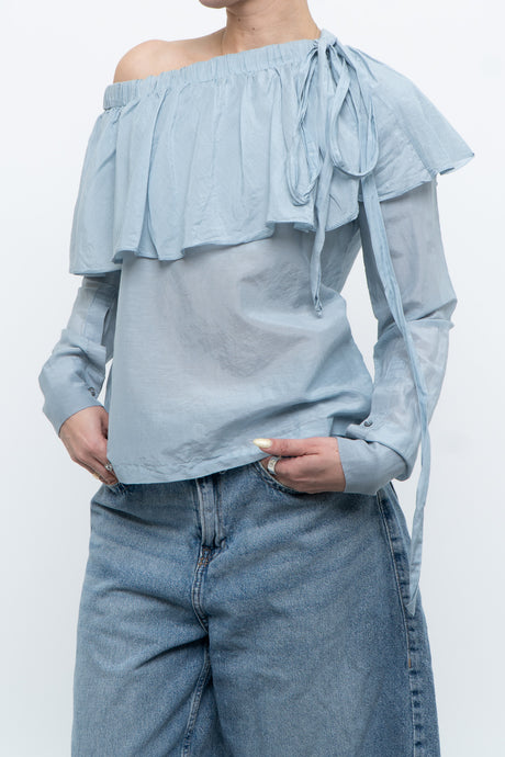 ROBERT RODRIGUEZ x Baby Blue Cotton, Silk Off-Shoulder Top (XS, S)