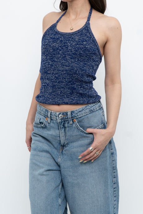 Vintage x Dark Blue Metallic Knit Halter (M)