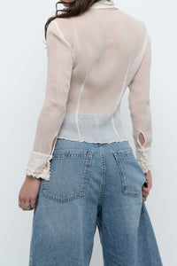 Vintage x Sheer Cream Pure Silk Ruffle Blouse (XS)