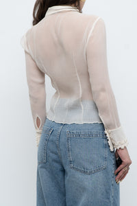 Vintage x Sheer Cream Pure Silk Ruffle Blouse (XS)