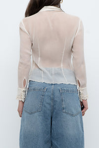 Vintage x Sheer Cream Pure Silk Ruffle Blouse (XS)